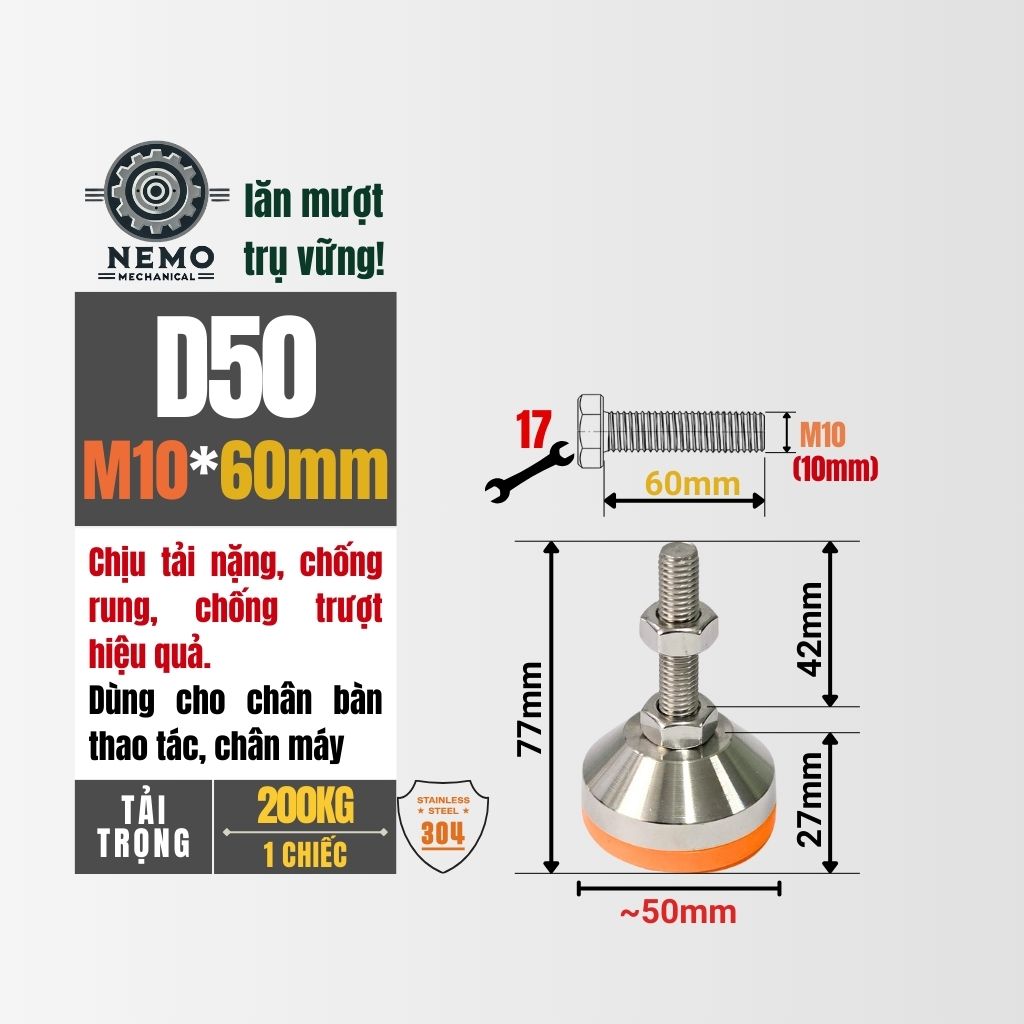 Chân Tăng Chỉnh Inox 304 Ren M10 – Chống Gỉ Tuyệt Đối, Đế Bát Dày Chịu Tải Nặng